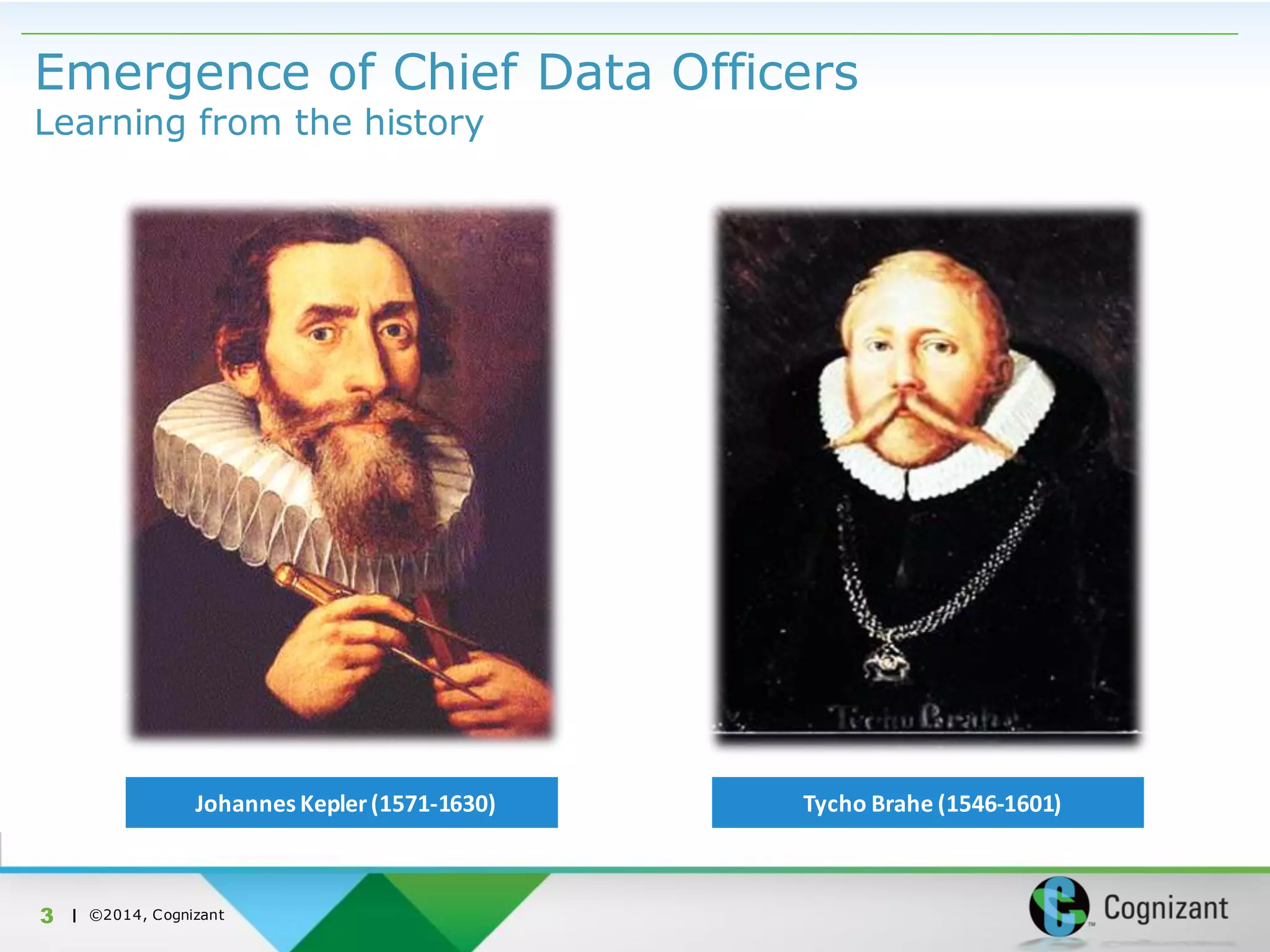 | ©2014, Cognizant
Emergence of Chief Data Officers
Learning from the history
3
Johannes Kepler(1571-1630) Tycho Brahe (1546-1601)
 