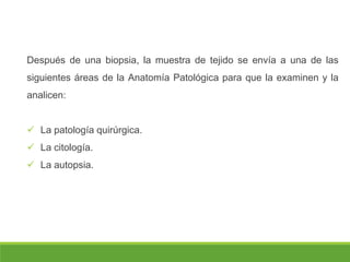 Después de una biopsia, la muestra de tejido se envía a una de las
siguientes áreas de la Anatomía Patológica para que la examinen y la
analicen:
 La patología quirúrgica.
 La citología.
 La autopsia.
 