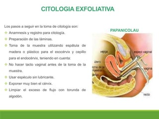 CITOLOGIA EXFOLIATIVA
Los pasos a seguir en la toma de citología son:
 Anamnesis y registro para citología.
 Preparación de las láminas.
 Toma de la muestra utilizando espátula de
madera o plástico para el exocérvix y cepillo
para el endocérvix, teniendo en cuenta:
 No hacer tacto vaginal antes de la toma de la
muestra.
 Usar espéculo sin lubricante.
 Exponer muy bien el cérvix.
 Limpiar el exceso de flujo con torunda de
algodón.
PAPANICOLAU
 