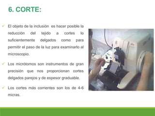 6. CORTE:
 El objeto de la inclusión es hacer posible la
reducción del tejido a cortes lo
suficientemente delgados como para
permitir el paso de la luz para examinarlo al
microscopio.
 Los micrótomos son instrumentos de gran
precisión que nos proporcionan cortes
delgados parejos y de espesor graduable.
 Los cortes más corrientes son los de 4-6
micras.
 