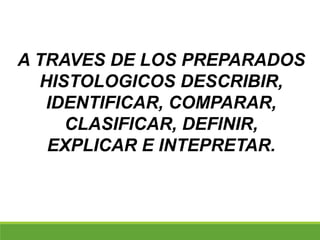 A TRAVES DE LOS PREPARADOS
HISTOLOGICOS DESCRIBIR,
IDENTIFICAR, COMPARAR,
CLASIFICAR, DEFINIR,
EXPLICAR E INTEPRETAR.
 