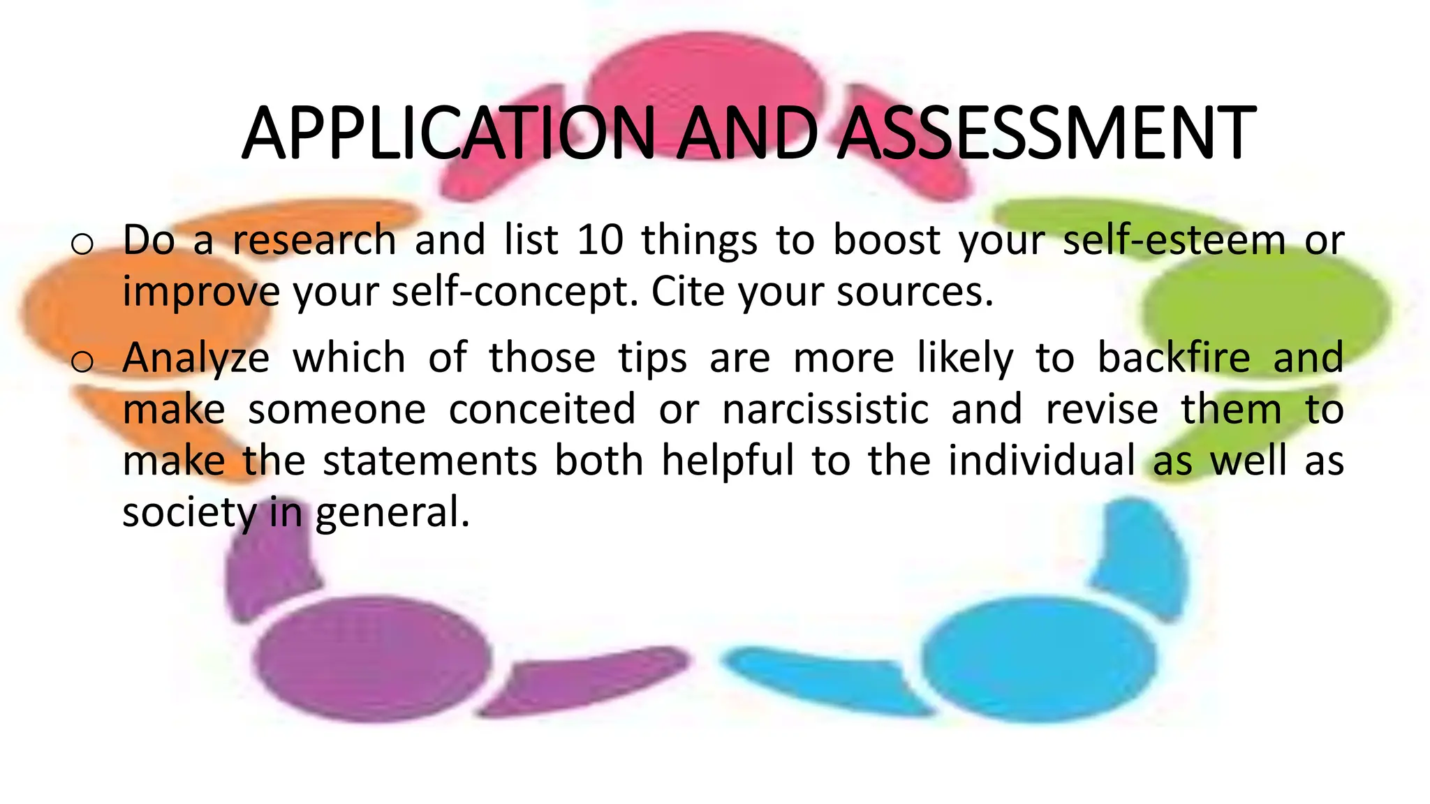 APPLICATION AND ASSESSMENT
o Do a research and list 10 things to boost your self-esteem or
improve your self-concept. Cite your sources.
o Analyze which of those tips are more likely to backfire and
make someone conceited or narcissistic and revise them to
make the statements both helpful to the individual as well as
society in general.
 