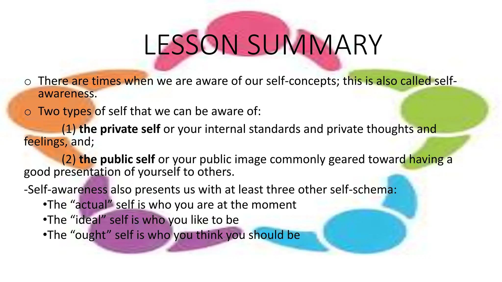 LESSON SUMMARY
o There are times when we are aware of our self-concepts; this is also called self-
awareness.
o Two types of self that we can be aware of:
(1) the private self or your internal standards and private thoughts and
feelings, and;
(2) the public self or your public image commonly geared toward having a
good presentation of yourself to others.
-Self-awareness also presents us with at least three other self-schema:
•The “actual” self is who you are at the moment
•The “ideal” self is who you like to be
•The “ought” self is who you think you should be
 