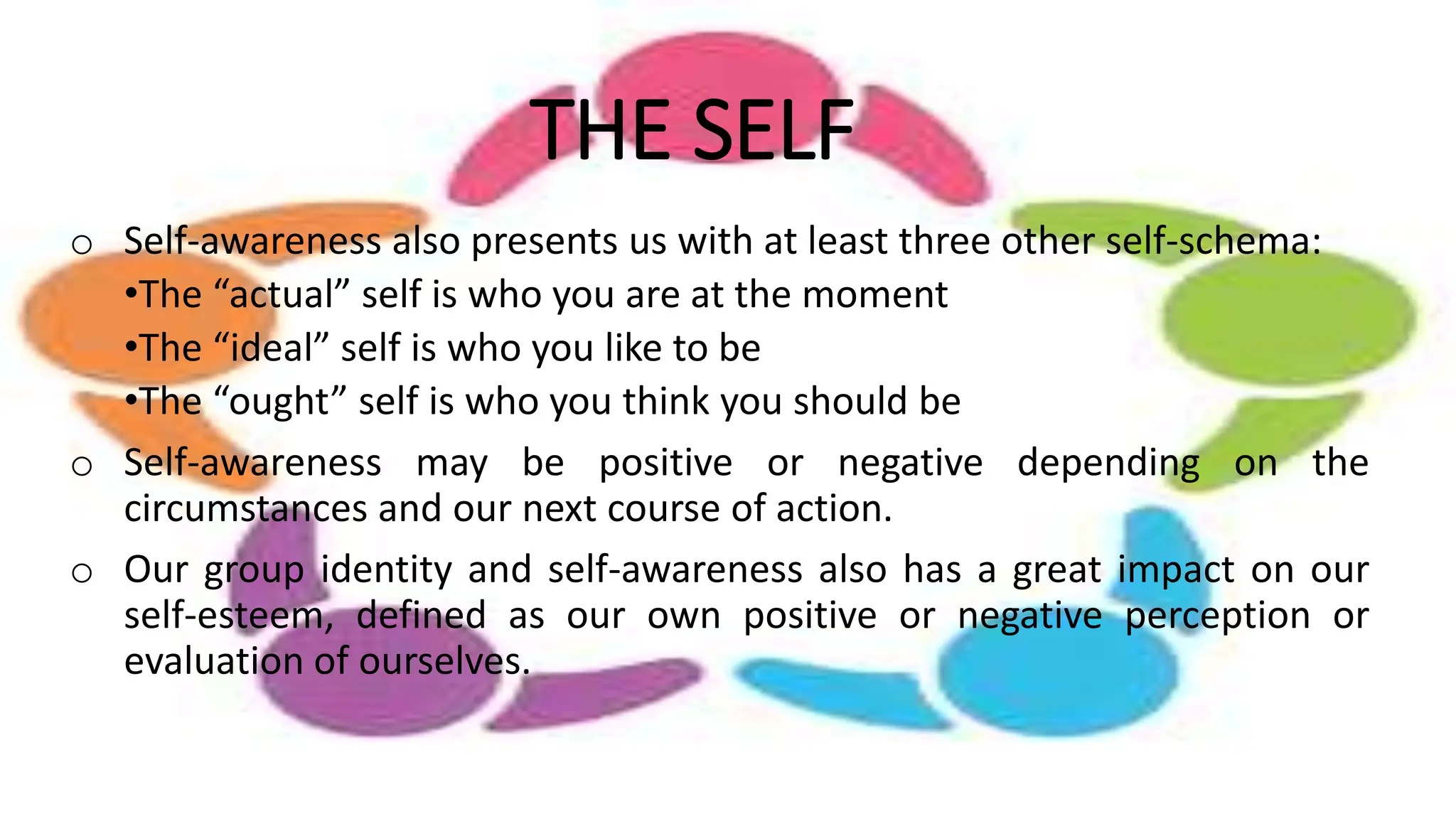 THE SELF
o Self-awareness also presents us with at least three other self-schema:
•The “actual” self is who you are at the moment
•The “ideal” self is who you like to be
•The “ought” self is who you think you should be
o Self-awareness may be positive or negative depending on the
circumstances and our next course of action.
o Our group identity and self-awareness also has a great impact on our
self-esteem, defined as our own positive or negative perception or
evaluation of ourselves.
 