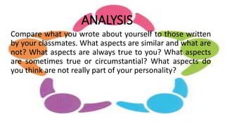 ANALYSIS
Compare what you wrote about yourself to those written
by your classmates. What aspects are similar and what are
not? What aspects are always true to you? What aspects
are sometimes true or circumstantial? What aspects do
you think are not really part of your personality?
 