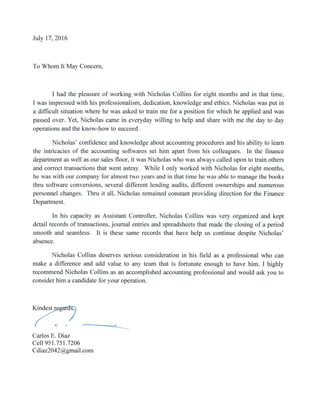 Letter of Reference Carlos Diaz Controller at ComAv, LLC