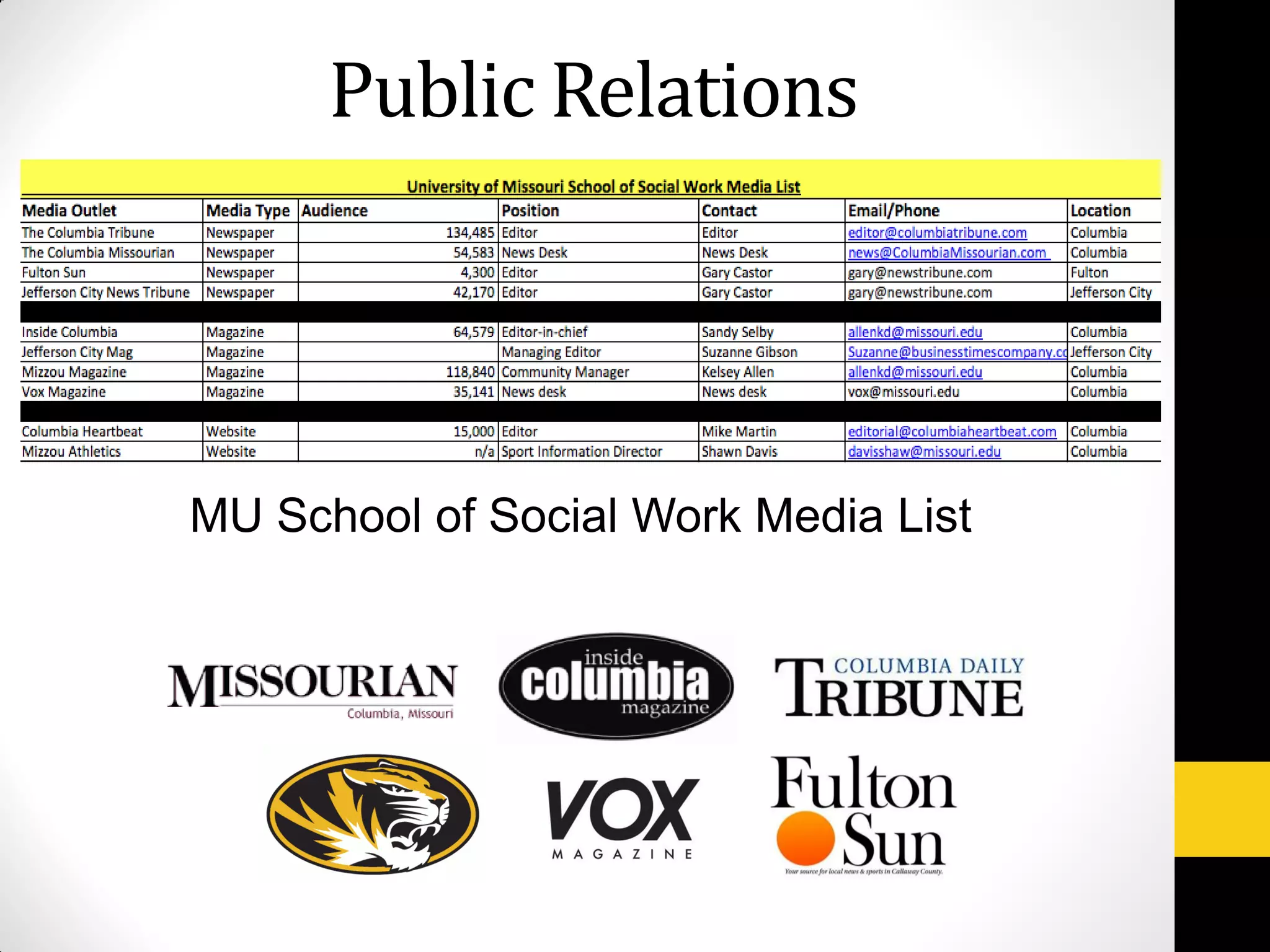 Public Relations
MU School of Social Work Media List
 
