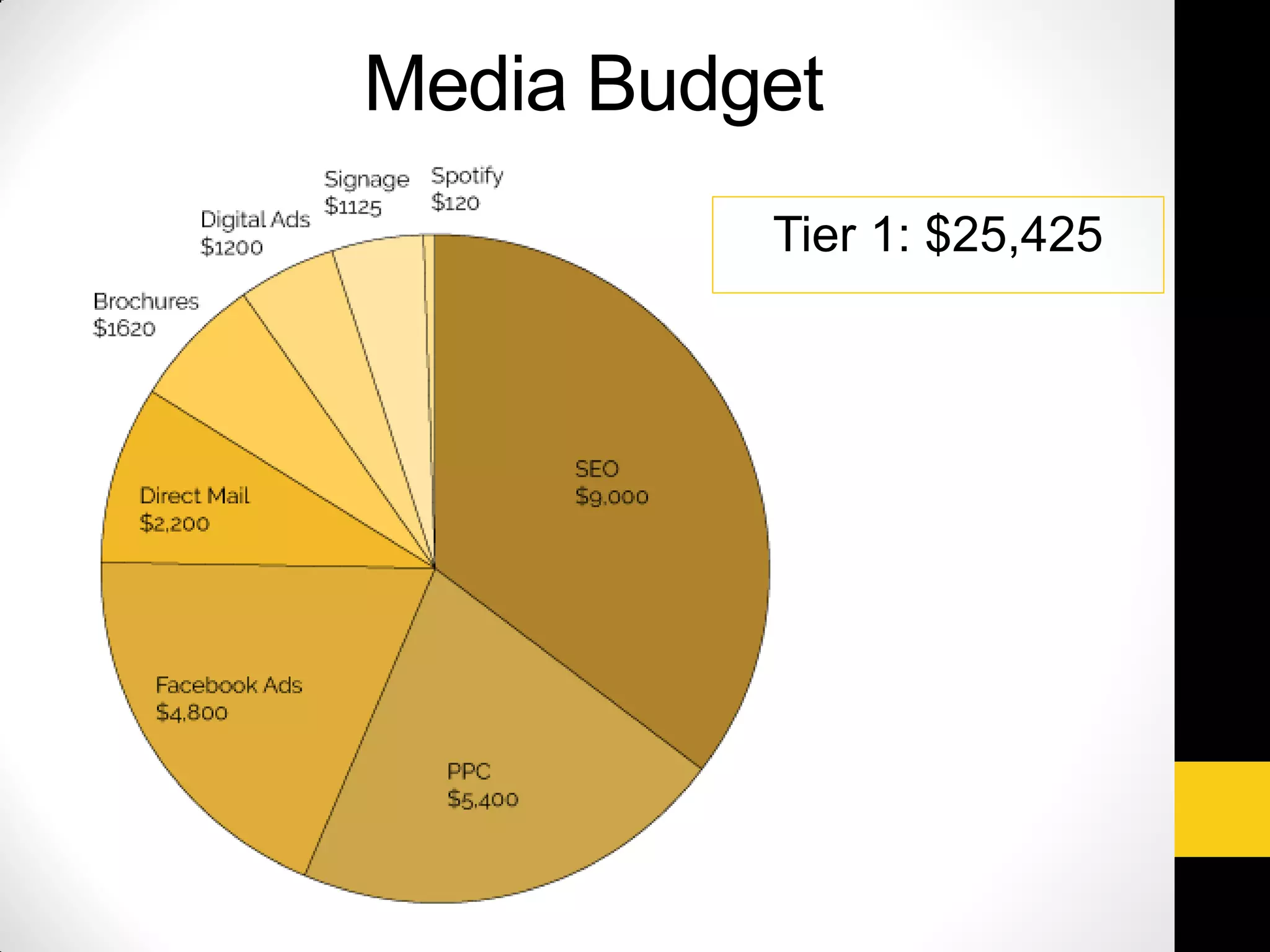 Media Budget
Tier 1: $25,425
 