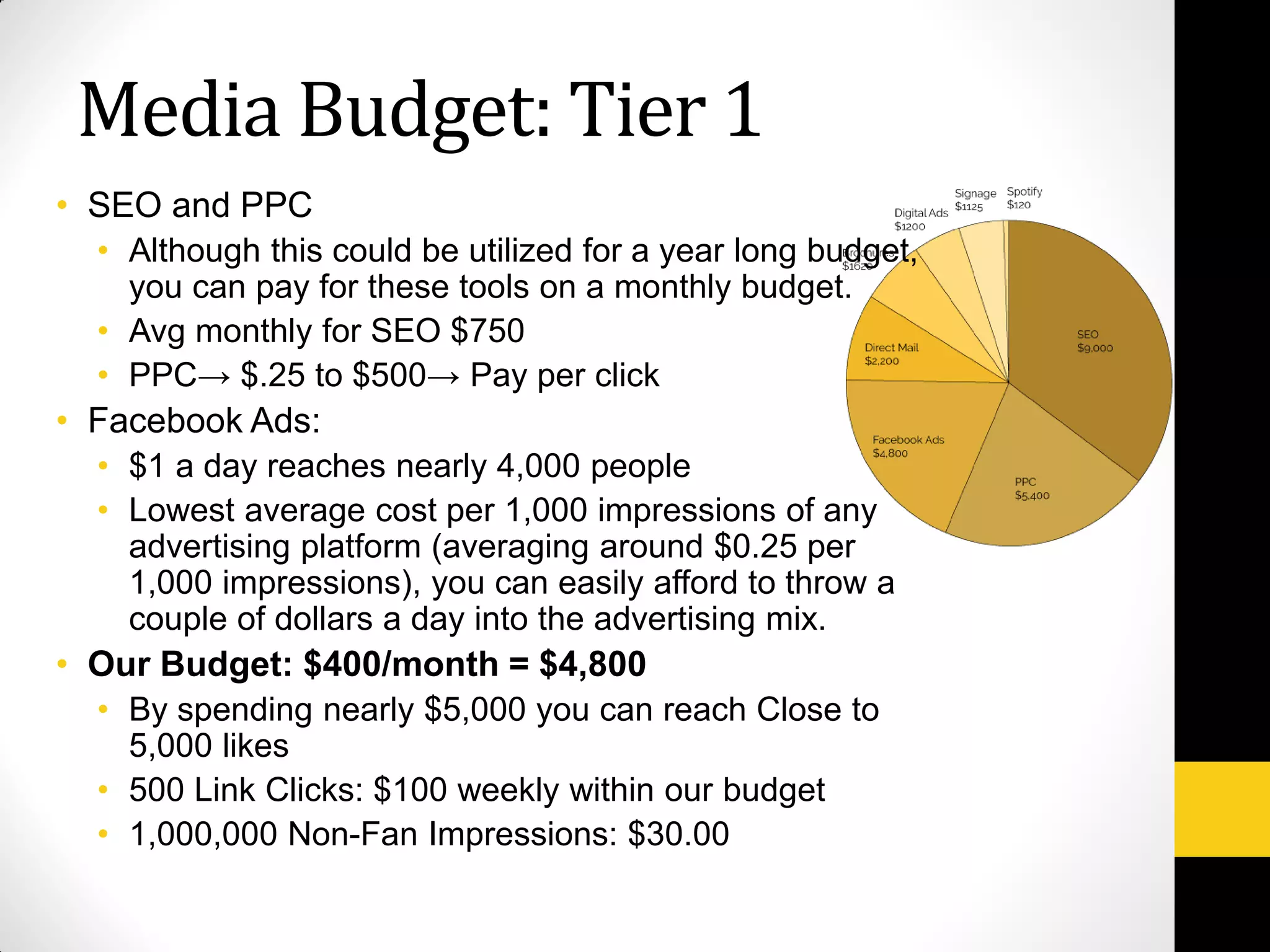 Media Budget: Tier 1
• SEO and PPC
• Although this could be utilized for a year long budget,
you can pay for these tools on a monthly budget.
• Avg monthly for SEO $750
• PPC→ $.25 to $500→ Pay per click
• Facebook Ads:
• $1 a day reaches nearly 4,000 people
• Lowest average cost per 1,000 impressions of any
advertising platform (averaging around $0.25 per
1,000 impressions), you can easily afford to throw a
couple of dollars a day into the advertising mix.
• Our Budget: $400/month = $4,800
• By spending nearly $5,000 you can reach Close to
5,000 likes
• 500 Link Clicks: $100 weekly within our budget
• 1,000,000 Non-Fan Impressions: $30.00
 