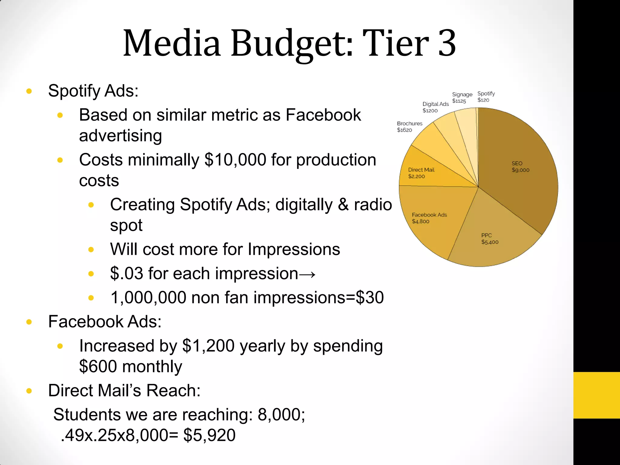 Media Budget: Tier 3
• Spotify Ads:
• Based on similar metric as Facebook
advertising
• Costs minimally $10,000 for production
costs
• Creating Spotify Ads; digitally & radio
spot
• Will cost more for Impressions
• $.03 for each impression→
• 1,000,000 non fan impressions=$30
• Facebook Ads:
• Increased by $1,200 yearly by spending
$600 monthly
• Direct Mail’s Reach:
Students we are reaching: 8,000;
.49x.25x8,000= $5,920
 