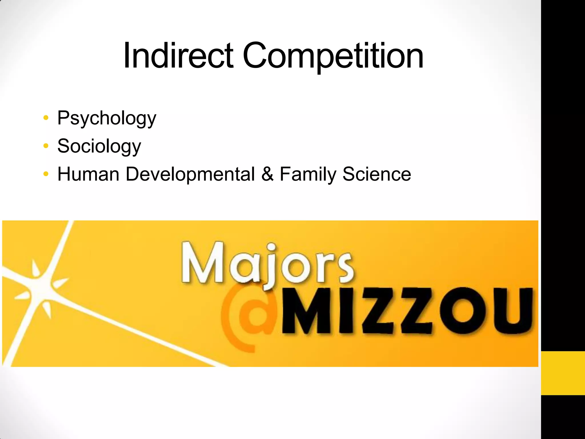 Indirect Competition
• Psychology
• Sociology
• Human Developmental & Family Science
 