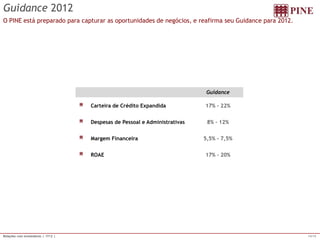 14/15 
Relações com Investidores | 1T12 | 
Guidance 2012 
O PINE está preparado para capturar as oportunidades de negócios, e reafirma seu Guidance para 2012. 
Guidance Carteira de Crédito Expandida 
17% - 22% Despesas de Pessoal e Administrativas 
8% - 12% Margem Financeira 
5,5% - 7,5% ROAE 
17% - 20%  