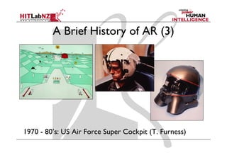 A Brief History of AR (3)




1970 - 80’s: US Air Force Super Cockpit ( Furness)
                            p       p (T.        )
 