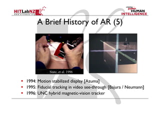 A Brief History of AR (5)




1994: Motion stabilized display [Azuma]
1995: Fiducial tracking in video see-through [Bajura / Neumann]
1996: UNC hybrid magnetic-vision tracker
              y        g
 