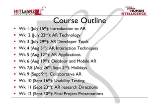 Course Outline
                  C      O l
Wk 1 (July 15th): Introduction to AR
     (J y      )
Wk 2 (July 22nd): AR Technology
Wk 3 (July 29th): AR Developer Tools
     (J y      )             p
Wk 4 (Aug 5th): AR Interaction Techniques
Wk 5 (Aug 12th): AR Applications
Wk 6 (Aug 19th): Outdoor and Mobile AR
Wk 7,8 (Aug 26th, Sept 2nd): Holidays
Wk 9 (Sept 9th): Collaborative AR
Wk 10 (Sept 16th): Usability Testing
Wk 11 (Sept 23rd): AR research Directions
Wk 12 (Sept 30th): Final Project Presentations
 
