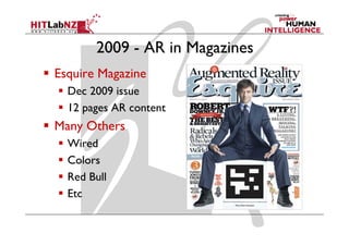 2009 - AR in Magazines
Esquire Magazine
  Dec 2009 issue
  12 pages AR content
Many Others
M    Oth
  Wired
  Colors
  Red Bull
  Etc
 