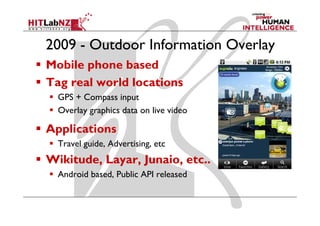 2009 - Outdoor Information Overlay
Mobile h
M bil phone based
              b   d
Tag real world locations
  g
  GPS + Compass input
  Overlay graphics data on live video

Applications
  Travel guide, Advertising, etc
Wikitude, Layar, Junaio, etc..
        , y ,J         ,
  Android based, Public API released
 