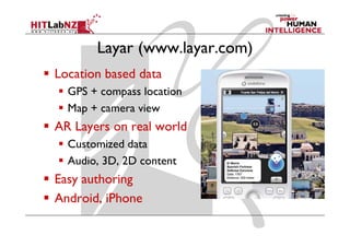 Layar (www.layar.com)
Location based data
  GPS + compass location
           p
  Map + camera view
AR Layers on real world
   L            l    ld
  Customized data
  Audio, 3D, 2D content
Easy authoring
Android, iPhone
 