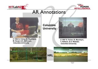 AR A
                            Annotations
                                t ti

                                  Columbia
                                  University


© 1993 S. Feiner, B. MacIntyre,                © 1997 S. Feiner, B. MacIntyre,
M. Haupt, & E. Solomon,                        T. Höllerer, & A. Webster,
                                                          ,             ,
Columbia U i
C l bi University  i                            Columbia University




                                     HRL
 