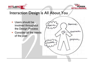 Interaction Design is All About You

   Users should be
   involved throughout
   the Design Process
   Co s de all the eeds
   Consider a t e needs
   of the user
 