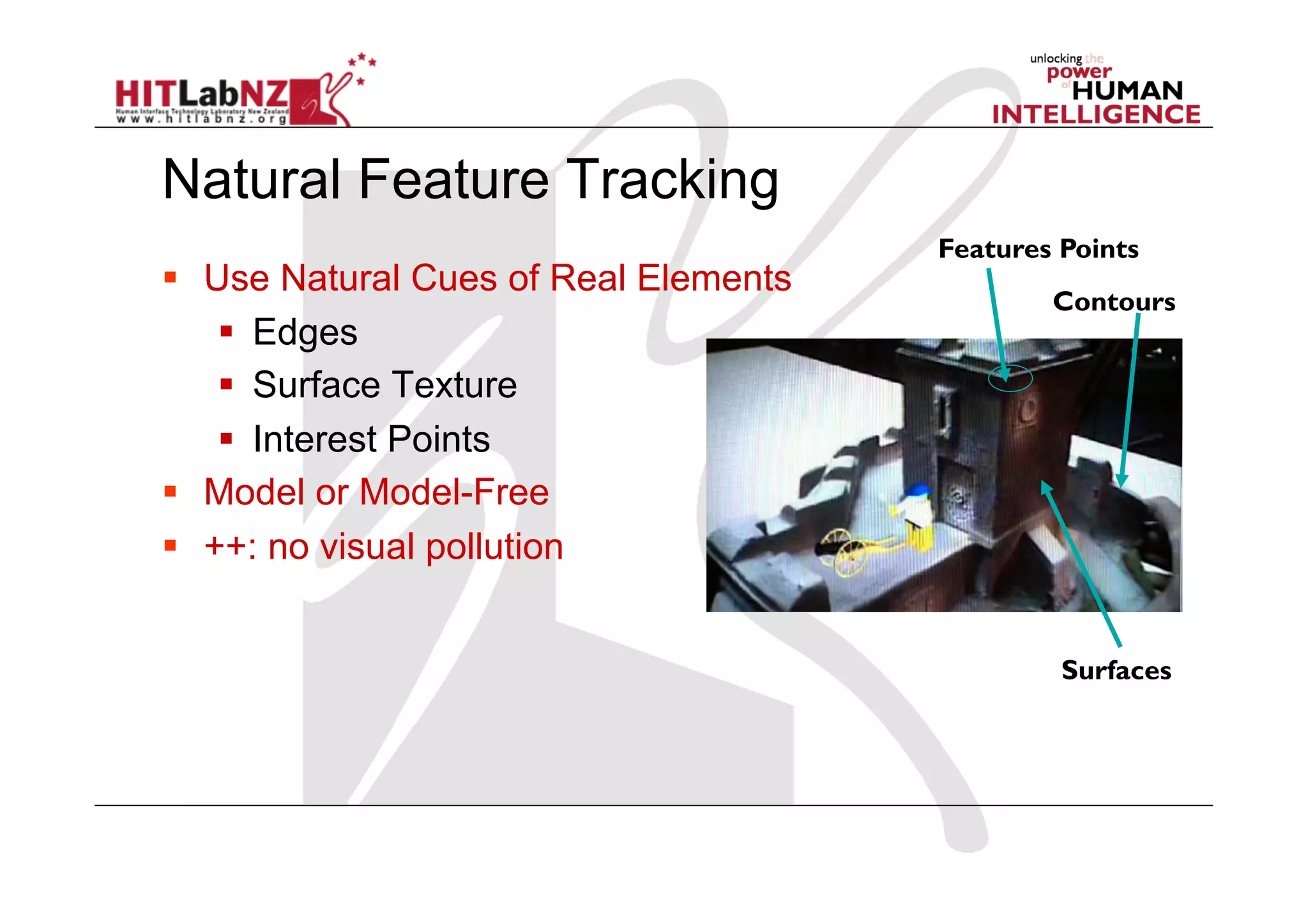 Natural Feature Tracking
  Use Natural Cues of Real Elements
  Edges
  Surface Texture
  Interest Points
  Model or Model-Free
  ++: no visual pollution
Contours
Features Points
Surfaces
 