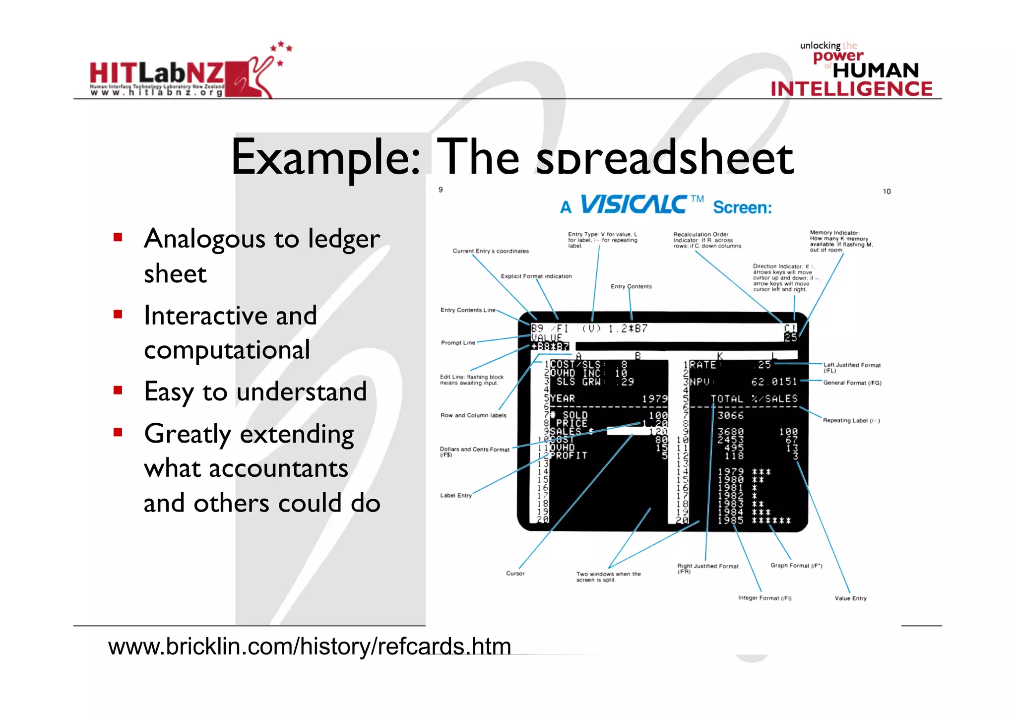 Example: The spreadsheet
  Analogous to ledger
   sheet
  Interactive and
   computational
  Easy to understand
  Greatly extending
   what accountants
   and others could do



www.bricklin.com/history/refcards.htm	

 