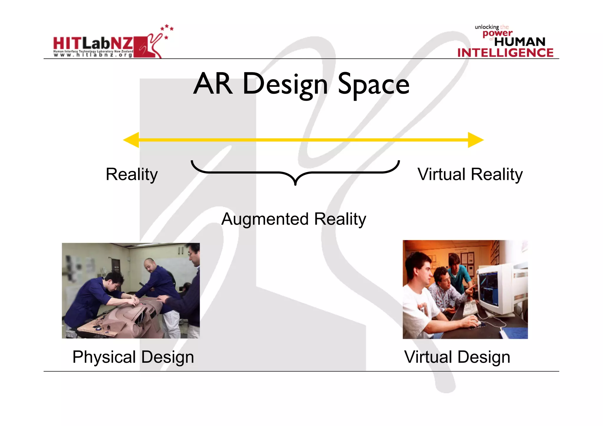 AR Design Space

    Reality                            Virtual Reality

                  Augmented Reality




Physical Design                       Virtual Design
 