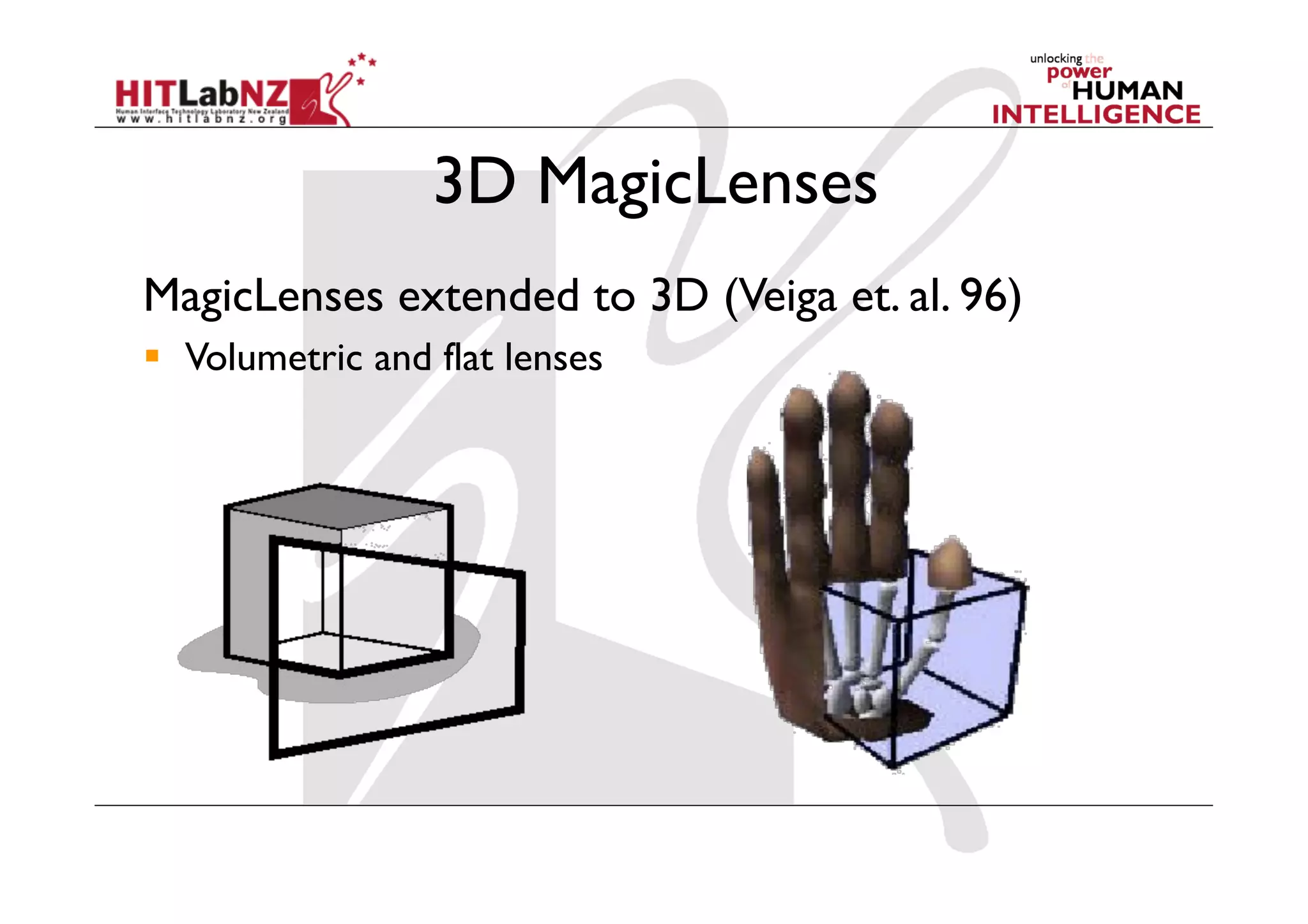 3D MagicLenses
MagicLenses extended to 3D (Veiga et. al. 96)
  Volumetric and flat lenses
 