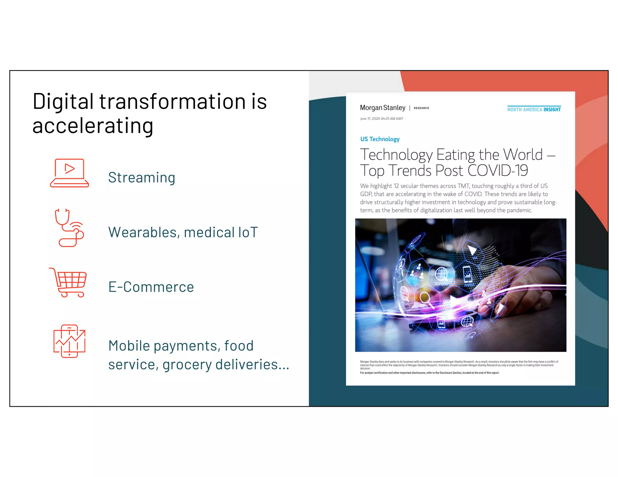 Digital transformation is
accelerating
E-Commerce
Wearables, medical IoT
Streaming
Mobile payments, food
service, grocery deliveries…
 