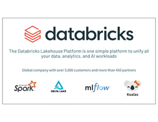 The Databricks Lakehouse Platform is one simple platform to unify all
your data, analytics, and AI workloads
Original crea...