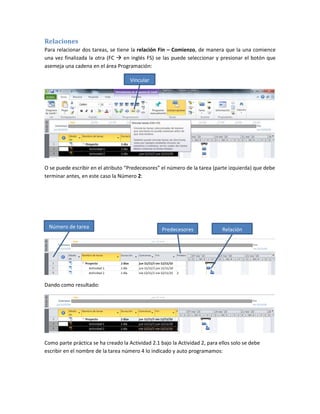 Relaciones
Para relacionar dos tareas, se tiene la relación Fin – Comienzo, de manera que la una comience
una vez finalizada la otra (FC  en inglés FS) se las puede seleccionar y presionar el botón que
asemeja una cadena en el área Programación:

                                     Vincular




O se puede escribir en el atributo “Predecesores” el número de la tarea (parte izquierda) que debe
terminar antes, en este caso la Número 2:




 Número de tarea                                   Predecesores              Relación




Dando como resultado:




Como parte práctica se ha creado la Actividad 2.1 bajo la Actividad 2, para ellos solo se debe
escribir en el nombre de la tarea número 4 lo indicado y auto programamos:
 