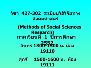 วิชา   427-302  ระเบียบวิธีวิจัยทางสังคมศาสตร์ (Methods of Social Sciences Research)    ภาคเรียนที่   1  ปีการศึกษา   2552 จันทร์  1300-1500  น .  ห้อง  19110 ศุกร์  1500-1600  น .  ห้อง  19111 