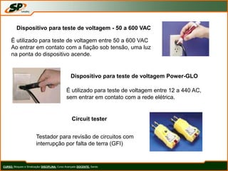 CURSO: Bloqueio e Sinalização/ DISCIPLINA: Curso Avançado DOCENTE: Sando
Dispositivo para teste de voltagem - 50 a 600 VAC
É utilizado para teste de voltagem entre 50 a 600 VAC
Ao entrar em contato com a fiação sob tensão, uma luz
na ponta do dispositivo acende.
Dispositivo para teste de voltagem Power-GLO
É utilizado para teste de voltagem entre 12 a 440 AC,
sem entrar em contato com a rede elétrica.
Circuit tester
Testador para revisão de circuitos com
interrupção por falta de terra (GFI)
 