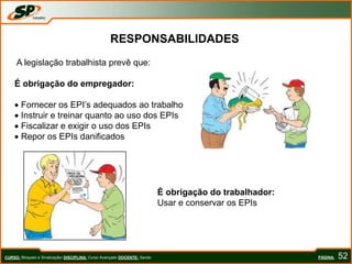 PÁGINA: 52
RESPONSABILIDADES
A legislação trabalhista prevê que:
É obrigação do empregador:
 Fornecer os EPI’s adequados ao trabalho
 Instruir e treinar quanto ao uso dos EPIs
 Fiscalizar e exigir o uso dos EPIs
 Repor os EPIs danificados
É obrigação do trabalhador:
Usar e conservar os EPIs
CURSO: Bloqueio e Sinalização/ DISCIPLINA: Curso Avançado DOCENTE: Sando
 