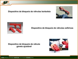 CURSO: Bloqueio e Sinalização/ DISCIPLINA: Curso Avançado DOCENTE: Sando
Dispositivo de bloqueio de válvulas borboleta
Dispositivo de bloqueio de válvulas esféricas
Dispositivo de bloqueio de válvula
gaveta ajustável
 