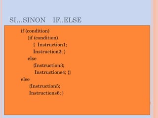 SI…SINON IF..ELSE
if (condition)
{if (condition)
{ Instruction1;
Instruction2; }
else
{Instruction3;
Instructions4; }}
else
{Instruction5;
Instructions6; }
 