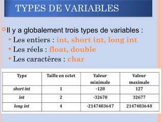 TYPES DE VARIABLES
Il y a globalement trois types de variables :
 Les entiers : int, short int, long int
 Les réels : float, double
 Les caractères : char
5
 