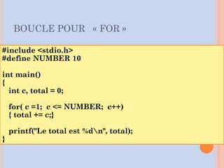BOUCLE POUR « FOR »
#include <stdio.h>
#define NUMBER 10
int main()
{
int c, total = 0;
for( c =1; c <= NUMBER; c++)
{ total += c;}
printf("Le total est %dn", total);
}
 
