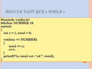 BOUCLE TANT QUE « WHILE »
51
#include <stdio.h>
#define NUMBER 10
main()
{
int c = 1, total = 0;
while(c <= NUMBER)
{
total += c;
c++;
}
printf(“Le total est : %d ”, total);
}
 