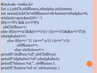 #include <stdio.h>
Int c,i,nbCh,nbBlancs,nbalpha,nbAutres;
int main(){nbCh=nbBlancs=nbAutres=nbalpha=0;
while((c=getchar())!= '.')
if((c>='0') && (c<='9'))
nbChiffres++;
else if(((c>='a')&&(c<='z'))||((c>='A')&&(c<='Z')))
nbalphabet++;
else if((c==' ')||(c=='n')||(c=='t'))
nbBlancs++;
else nbAutres++;
printf("chiffres:%d",nbChiffres);
printf("alphabet:%d",nbalphabet);
printf("blancs:%d ", nbBlancs );
printf("Autres:%dn",nbAutres); }
 