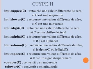 CTYPE.H
int isupper(C) : retourne une valeur différente de zéro,
si C est une majuscule
int islower(C) : retourne une valeur différente de zéro,
si C est une minuscule
int isdigit(C) : retourne une valeur différente de zéro,
si C est un chiffre décimal
int isalpha(C) : retourne une valeur différente de zéro,
si (C) est alphabet
int isalnum(C) : retourne une valeur différente de zéro,
si isalpha(C) ou isdigit(C)
int isspace(C) : retourne une valeur différente de zéro,
si C est un signe d'espacement
touuper(C) : convertit c en majuscule
tolower(C) : convertit c en minuscule
 