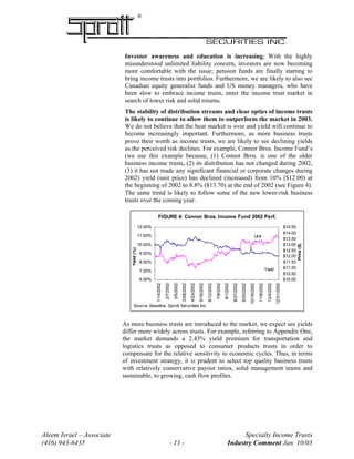 ®
Investor awareness and education is increasing. With the highly
misunderstood unlimited liability concern, investors are now becoming
more comfortable with the issue; pension funds are finally starting to
bring income trusts into portfolios. Furthermore, we are likely to also see
Canadian equity generalist funds and US money managers, who have
been slow to embrace income trusts, enter the income trust market in
search of lower risk and solid returns.
The stability of distribution streams and clear optics of income trusts
is likely to continue to allow them to outperform the market in 2003.
We do not believe that the bear market is over and yield will continue to
become increasingly important. Furthermore, as more business trusts
prove their worth as income trusts, we are likely to see declining yields
as the perceived risk declines. For example, Connor Bros. Income Fund’s
(we use this example because, (1) Connor Bros. is one of the older
business income trusts, (2) its distribution has not changed during 2002,
(3) it has not made any significant financial or corporate changes during
2002) yield (unit price) has declined (increased) from 10% ($12.00) at
the beginning of 2002 to 8.8% ($13.70) at the end of 2002 (see Figure 4).
The same trend is likely to follow some of the new lower-risk business
trusts over the coming year.
FIGURE 4: Connor Bros. Income Fund 2002 Perf.
$10.00
$10.50
$11.00
$11.50
$12.00
$12.50
$13.00
$13.50
$14.00
$14.50
12/31/2002
12/4/2002
11/8/2002
10/16/2002
9/20/2002
8/27/2002
8/1/2002
7/9/2002
6/12/2002
5/16/2002
4/23/2002
3/28/2002
3/5/2002
2/7/2002
1/14/2002
Price($)
6.00%
7.00%
8.00%
9.00%
10.00%
11.00%
12.00%
Yield(%)
Source: Baseline, Sprott Securities Inc.
Yield
Unit
P i
As more business trusts are introduced to the market, we expect see yields
differ more widely across trusts. For example, referring to Appendix One,
the market demands a 2.43% yield premium for transportation and
logistics trusts as opposed to consumer products trusts in order to
compensate for the relative sensitivity to economic cycles. Thus, in terms
of investment strategy, it is prudent to select top quality business trusts
with relatively conservative payout ratios, solid management teams and
sustainable, to growing, cash flow profiles.
Aleem Israel – Associate Specialty Income Trusts
(416) 943-6435 - 11 - Industry Comment Jan. 10/03
 