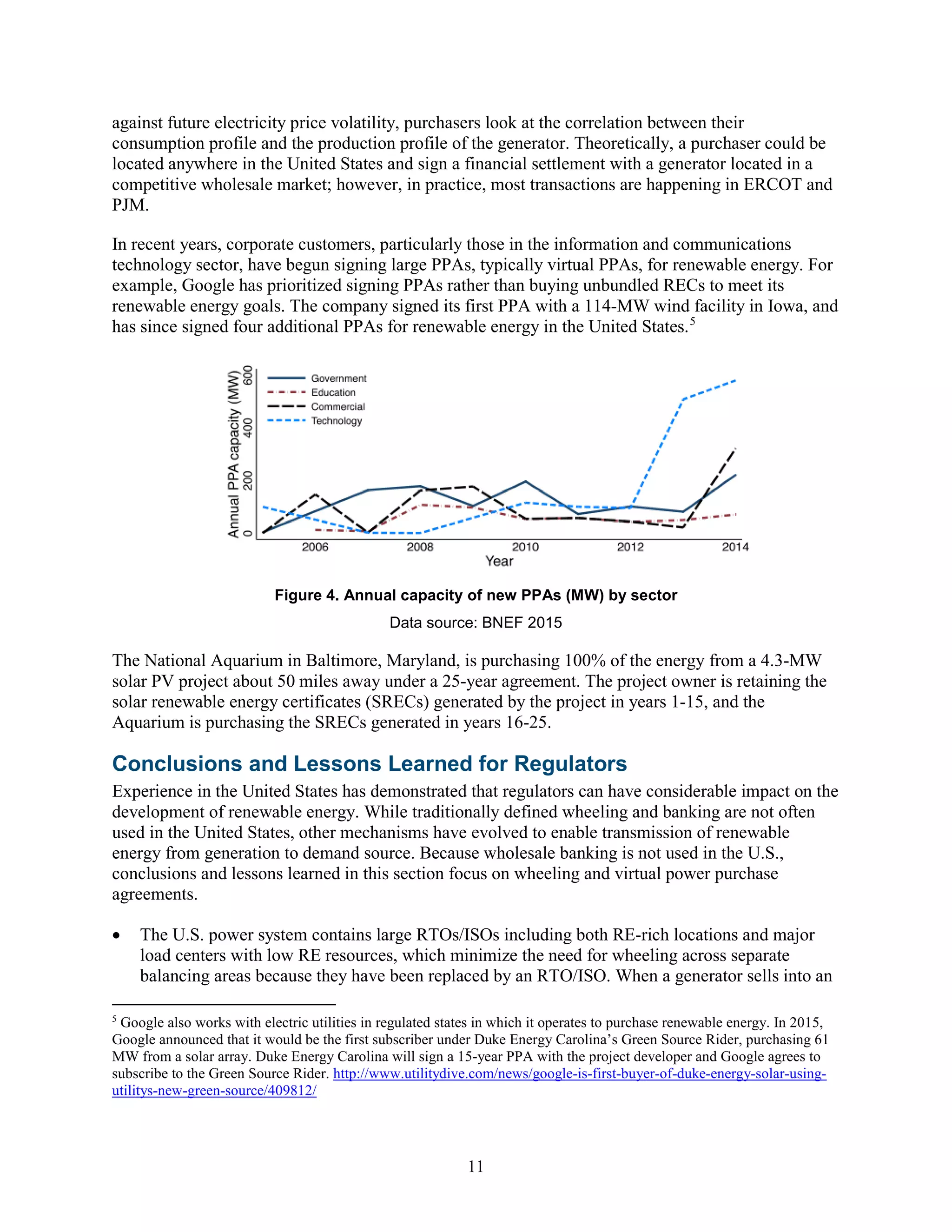 11
against future electricity price volatility, purchasers look at the correlation between their
consumption profile and the production profile of the generator. Theoretically, a purchaser could be
located anywhere in the United States and sign a financial settlement with a generator located in a
competitive wholesale market; however, in practice, most transactions are happening in ERCOT and
PJM.
In recent years, corporate customers, particularly those in the information and communications
technology sector, have begun signing large PPAs, typically virtual PPAs, for renewable energy. For
example, Google has prioritized signing PPAs rather than buying unbundled RECs to meet its
renewable energy goals. The company signed its first PPA with a 114-MW wind facility in Iowa, and
has since signed four additional PPAs for renewable energy in the United States.5
Figure 4. Annual capacity of new PPAs (MW) by sector
Data source: BNEF 2015
The National Aquarium in Baltimore, Maryland, is purchasing 100% of the energy from a 4.3-MW
solar PV project about 50 miles away under a 25-year agreement. The project owner is retaining the
solar renewable energy certificates (SRECs) generated by the project in years 1-15, and the
Aquarium is purchasing the SRECs generated in years 16-25.
Conclusions and Lessons Learned for Regulators
Experience in the United States has demonstrated that regulators can have considerable impact on the
development of renewable energy. While traditionally defined wheeling and banking are not often
used in the United States, other mechanisms have evolved to enable transmission of renewable
energy from generation to demand source. Because wholesale banking is not used in the U.S.,
conclusions and lessons learned in this section focus on wheeling and virtual power purchase
agreements.
• The U.S. power system contains large RTOs/ISOs including both RE-rich locations and major
load centers with low RE resources, which minimize the need for wheeling across separate
balancing areas because they have been replaced by an RTO/ISO. When a generator sells into an
5
Google also works with electric utilities in regulated states in which it operates to purchase renewable energy. In 2015,
Google announced that it would be the first subscriber under Duke Energy Carolina’s Green Source Rider, purchasing 61
MW from a solar array. Duke Energy Carolina will sign a 15-year PPA with the project developer and Google agrees to
subscribe to the Green Source Rider. http://www.utilitydive.com/news/google-is-first-buyer-of-duke-energy-solar-using-
utilitys-new-green-source/409812/
 