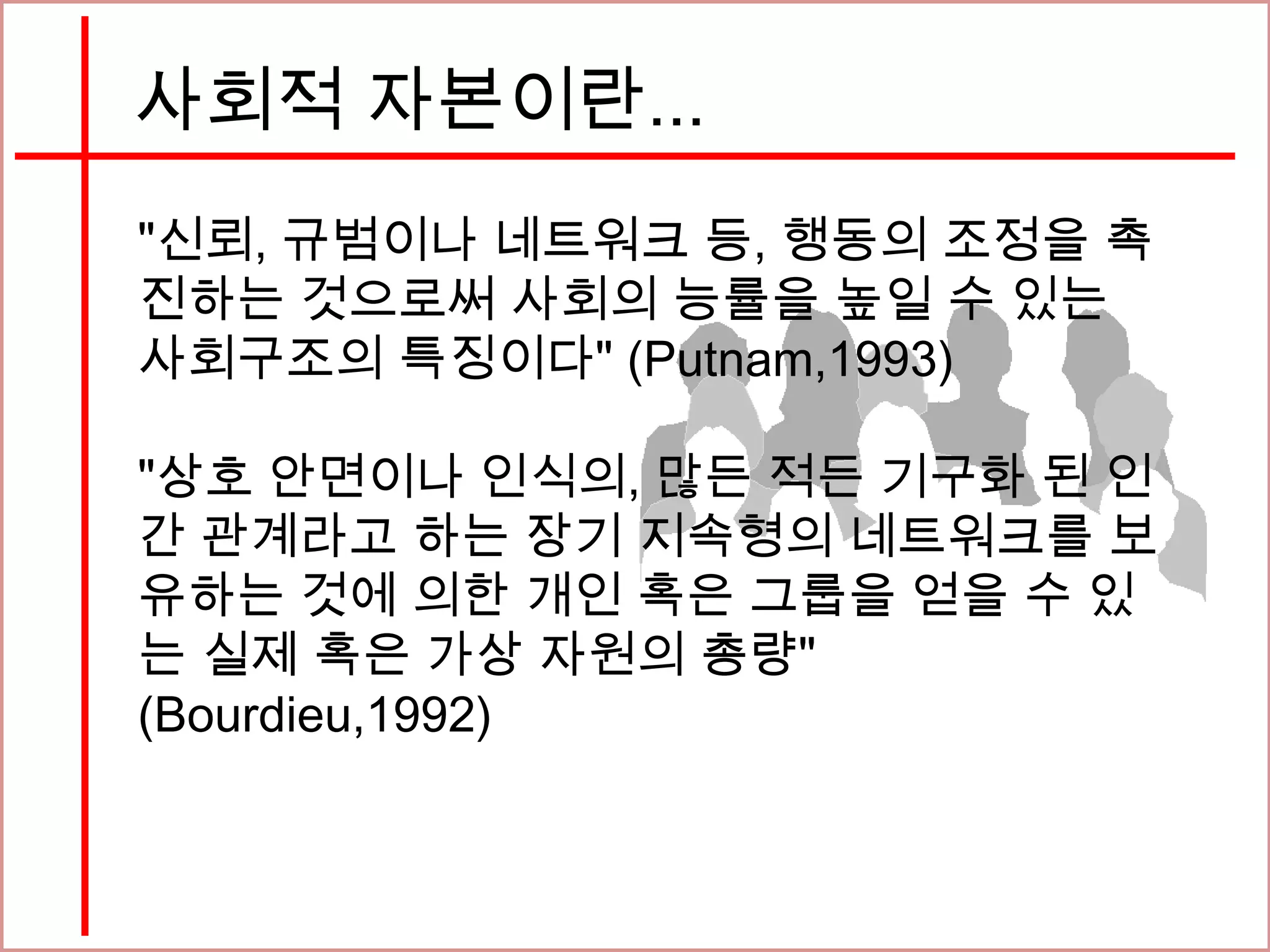 사회적 자본이란...
"신뢰, 규범이나 네트워크 등, 행동의 조정을 촉
진하는 것으로써 사회의 능률을 높일 수 있는
사회구조의 특징이다" (Putnam,1993)
"상호 안면이나 인식의, 많든 적든 기구화 된 인
간 관계라고 하는 장기 지속형의 네트워크를 보
유하는 것에 의한 개인 혹은 그룹을 얻을 수 있
는 실제 혹은 가상 자원의 총량"
(Bourdieu,1992)
 