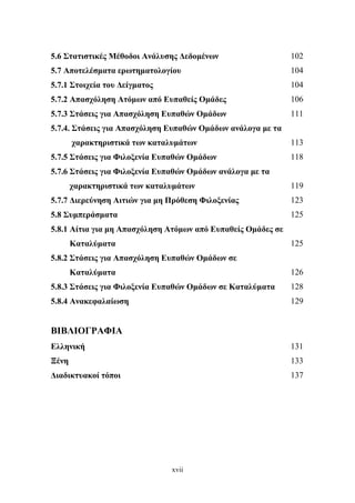xvii
5.6 Στατιστικές Μέθοδοι Ανάλυσης Δεδομένων 102
5.7 Αποτελέσματα ερωτηματολογίου 104
5.7.1 Στοιχεία του Δείγματος 104
5.7.2 Απασχόληση Ατόμων από Ευπαθείς Ομάδες 106
5.7.3 Στάσεις για Απασχόληση Ευπαθών Ομάδων 111
5.7.4. Στάσεις για Απασχόληση Ευπαθών Ομάδων ανάλογα με τα
χαρακτηριστικά των καταλυμάτων 113
5.7.5 Στάσεις για Φιλοξενία Ευπαθών Ομάδων 118
5.7.6 Στάσεις για Φιλοξενία Ευπαθών Ομάδων ανάλογα με τα
χαρακτηριστικά των καταλυμάτων 119
5.7.7 Διερεύνηση Αιτιών για μη Πρόθεση Φιλοξενίας 123
5.8 Συμπεράσματα 125
5.8.1 Αίτια για μη Απασχόληση Ατόμων από Ευπαθείς Ομάδες σε
Καταλύματα 125
5.8.2 Στάσεις για Απασχόληση Ευπαθών Ομάδων σε
Καταλύματα 126
5.8.3 Στάσεις για Φιλοξενία Ευπαθών Ομάδων σε Καταλύματα 128
5.8.4 Ανακεφαλαίωση 129
ΒΙΒΛΙΟΓΡΑΦΙΑ
Ελληνική 131
Ξένη 133
Διαδικτυακοί τόποι 137
 