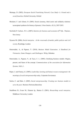 136
Montagu, D. (2002), European Social Franchising Network, Case Study 4, A brand and a
social franchise, Oxford University, Oxford
Moulaert, F. and Ailenet, O. (2005), Social economy, third sector and solidarity relations:
aconceptual synthesis for history of present, Urban Studies, 42 (1), 2037-2053.
Newbold, P. Carlson , W. L. (2007), Statistics for business and economics (6th
Ed), Pearson ,
New Jersey
Nyssens M. (2006), Social enterprise. At the crossroads of market, public policies and civil
society, Routledge, London
Osterwalder, A., & Pigneur, Y. (2010), Business Model Generation: A Handbook for
Visionaries, Game Changers, and Challengers. Wiley, Hoboken
Osterwalder, A., Pigneur, Y., & Tucci, C. L. (2005), Clarifying business models: Origins,
present, and future of the concept. Communications of the association for Information
Systems, 16(1), 1.
Roper, J. and Cheney, G. (2005), Leadership, learning and human resource management: the
meanings of social entrepreneurship today, Corporate Governance
Seelos, C. and Mair, J. (2005), Social entrepreneurship: Creating new business models to
serve the poor, Business Horizons,Barcelona
Smallbone D., Evans M., Ekanem Ig., Butters S. (2001), Researching social enterprise,
Middlesex University, London
 