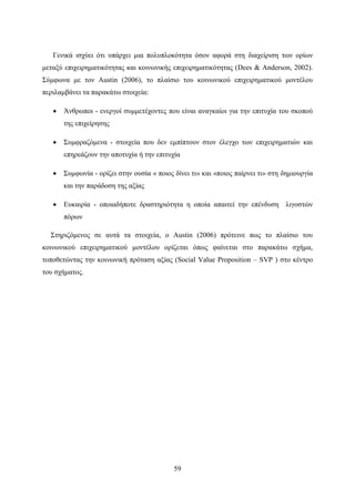 59
Γενικά ισχύει ότι υπάρχει μια πολυπλοκότητα όσον αφορά στη διαχείριση των ορίων
μεταξύ επιχειρηματικότητας και κοινωνικής επιχειρηματικότητας (Dees & Anderson, 2002).
Σύμφωνα με τον Austin (2006), το πλαίσιο του κοινωνικού επιχειρηματικού μοντέλου
περιλαμβάνει τα παρακάτω στοιχεία:
 Άνθρωποι - ενεργοί συμμετέχοντες που είναι αναγκαίοι για την επιτυχία του σκοπού
της επιχείρησης
 Συμφραζόμενα - στοιχεία που δεν εμπίπτουν στον έλεγχο των επιχειρηματιών και
επηρεάζουν την αποτυχία ή την επιτυχία
 Συμφωνία - ορίζει στην ουσία « ποιος δίνει τι» και «ποιος παίρνει τι» στη δημιουργία
και την παράδοση της αξίας
 Ευκαιρία - οποιαδήποτε δραστηριότητα η οποία απαιτεί την επένδυση λιγοστών
πόρων
Στηριζόμενος σε αυτά τα στοιχεία, ο Austin (2006) πρότεινε πως το πλαίσιο του
κοινωνικού επιχειρηματικού μοντέλου ορίζεται όπως φαίνεται στο παρακάτω σχήμα,
τοποθετώντας την κοινωνική πρόταση αξίας (Social Value Proposition – SVP ) στο κέντρο
του σχήματος.
 