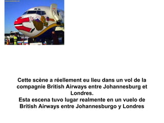 Cette scène a réellement eu lieu dans un vol de la
compagnie British Airways entre Johannesburg et
Londres.
Esta escena tuvo lugar realmente en un vuelo de
British Airways entre Johannesburgo y Londres

 