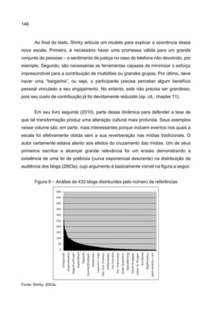 146
Ao final do texto, Shirky articula um modelo para explicar a ocorrência dessa
nova escala. Primeiro, é necessário haver uma promessa válida para um grande
conjunto de pessoas – o sentimento de justiça no caso do telefone não devolvido, por
exemplo. Segundo, são necessárias as ferramentas capazes de minimizar o esforço
imprescindível para a contribuição de multidões ou grandes grupos. Por último, deve
haver uma “barganha”, ou seja, o participante precisa perceber algum benefício
pessoal vinculado a seu engajamento. No entanto, este não precisa ser grandioso,
pois seu custo de contribuição já foi devidamente reduzido (op. cit., chapter 11).
Em seu livro seguinte (2010), parte dessa dinâmica para defender a tese de
que tal transformação produz uma alteração cultural mais profunda. Seus exemplos
nesse volume são, em parte, mais interessantes porque incluem eventos nos quais a
escala foi efetivamente obtida sem a sua reverberação nas mídias tradicionais. O
autor certamente estava atento aos efeitos do cruzamento das mídias. Um de seus
primeiros escritos a alcançar grande relevância foi um ensaio demonstrando a
existência de uma lei de potência (curva exponencial descrente) na distribuição da
audiência dos blogs (2003a), cujo argumento é basicamente visível na figura a seguir.
Figura 9 − Análise de 433 blogs distribuídos pelo número de referências
Fonte: Shirky, 2003a.
 