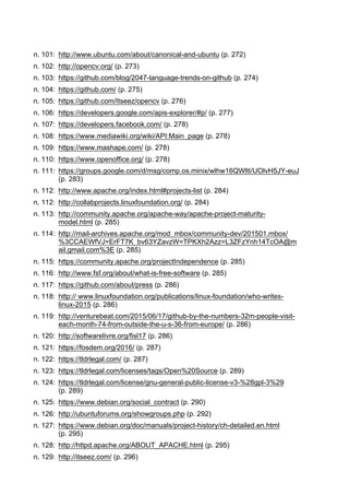 n. 101: http://www.ubuntu.com/about/canonical-and-ubuntu (p. 272)
n. 102: http://opencv.org/ (p. 273)
n. 103: https://github.com/blog/2047-language-trends-on-github (p. 274)
n. 104: https://github.com/ (p. 275)
n. 105: https://github.com/Itseez/opencv (p. 276)
n. 106: https://developers.google.com/apis-explorer/#p/ (p. 277)
n. 107: https://developers.facebook.com/ (p. 278)
n. 108: https://www.mediawiki.org/wiki/API:Main_page (p. 278)
n. 109: https://www.mashape.com/ (p. 278)
n. 110: https://www.openoffice.org/ (p. 278)
n. 111: https://groups.google.com/d/msg/comp.os.minix/wlhw16QWltI/UOlvH5JY-euJ
(p. 283)
n. 112: http://www.apache.org/index.html#projects-list (p. 284)
n. 112: http://collabprojects.linuxfoundation.org/ (p. 284)
n. 113: http://community.apache.org/apache-way/apache-project-maturity-
model.html (p. 285)
n. 114: http://mail-archives.apache.org/mod_mbox/community-dev/201501.mbox/
%3CCAEWfVJ=ErFT7K_bv63YZavzW=TPKXh2Azz=L3ZFzYnh14TcOA@m
ail.gmail.com%3E (p. 285)
n. 115: https://community.apache.org/projectIndependence (p. 285)
n. 116: http://www.fsf.org/about/what-is-free-software (p. 285)
n. 117: https://github.com/about/press (p. 286)
n. 118: http:// www.linuxfoundation.org/publications/linux-foundation/who-writes-
linux-2015 (p. 286)
n. 119: http://venturebeat.com/2015/06/17/github-by-the-numbers-32m-people-visit-
each-month-74-from-outside-the-u-s-36-from-europe/ (p. 286)
n. 120: http://softwarelivre.org/fisl17 (p. 286)
n. 121: https://fosdem.org/2016/ (p. 287)
n. 122: https://tldrlegal.com/ (p. 287)
n. 123: https://tldrlegal.com/licenses/tags/Open%20Source (p. 289)
n. 124: https://tldrlegal.com/license/gnu-general-public-license-v3-%28gpl-3%29
(p. 289)
n. 125: https://www.debian.org/social_contract (p. 290)
n. 126: http://ubuntuforums.org/showgroups.php (p. 292)
n. 127: https://www.debian.org/doc/manuals/project-history/ch-detailed.en.html
(p. 295)
n. 128: http://httpd.apache.org/ABOUT_APACHE.html (p. 295)
n. 129: http://itseez.com/ (p. 296)
 